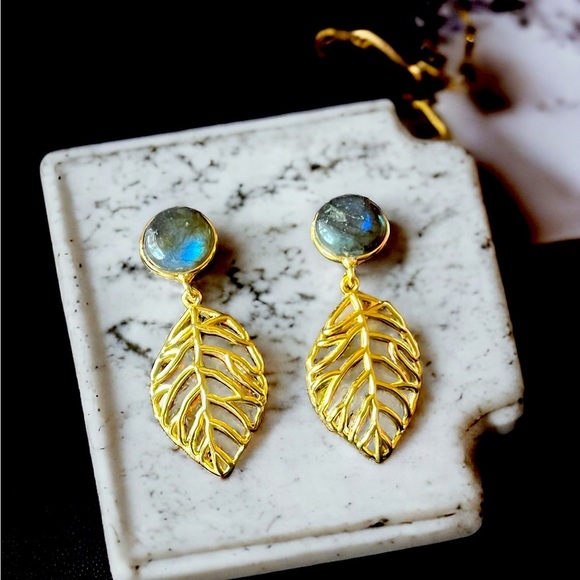 Jewelry - Labradorite Gold Leaf Earrings